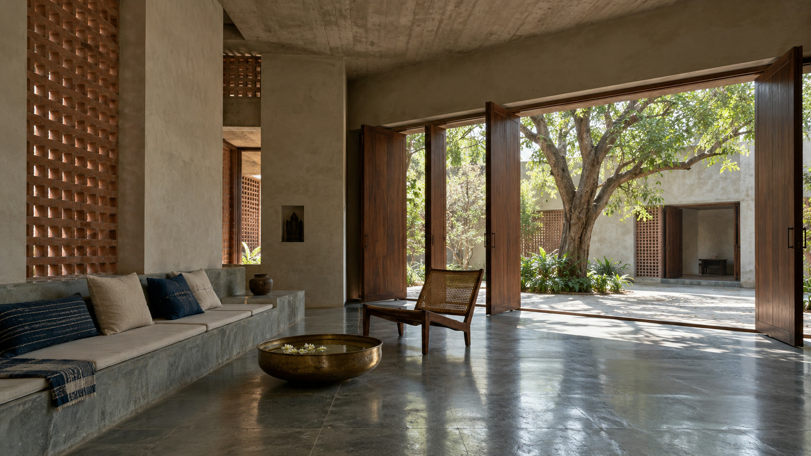 A shaded living room with teak pivot doors folded open to the courtyard and its tree.