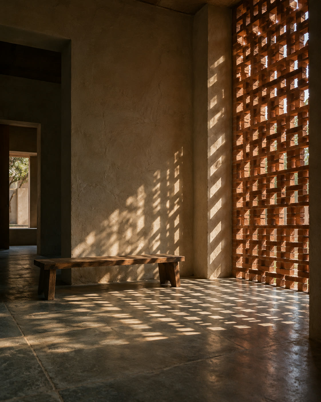 Brick, lime plaster, teak, brass, neem leaves and a terracotta tile laid on a slab of Kota stone.