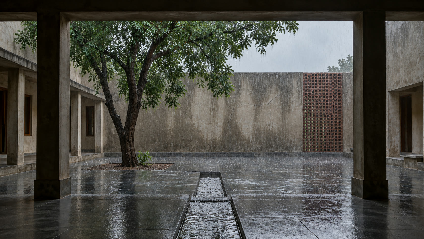 The same courtyard in heavy monsoon rain, the stone floor wet and reflective.