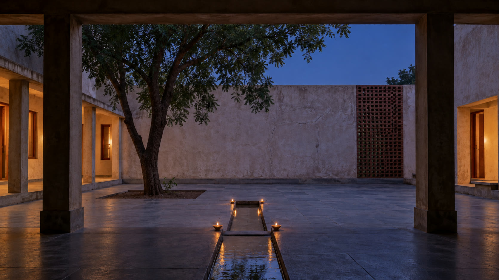 A teak gate half open in a dark brick wall at night, lamplight spilling out.