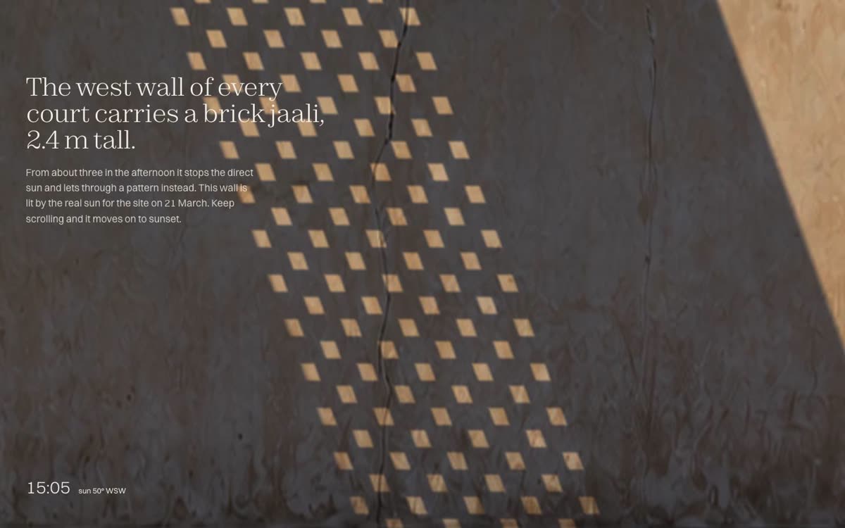 Second version: small sheared openings of warm light inside a bounded shadow, with a strip of open sun